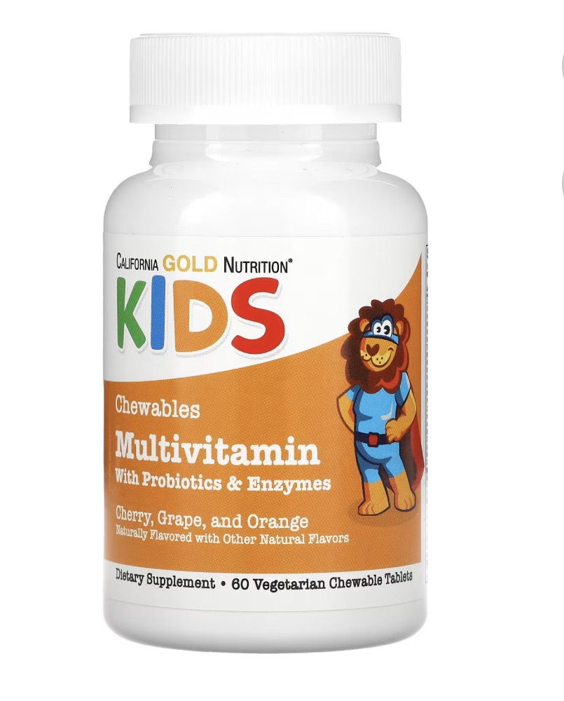 Suplemento multivitamínico con probióticos, enzimas, vitamina A y vitamina C en comprimidos masticables para niños, Frutas surtidas, 60 comprimidos vegetales