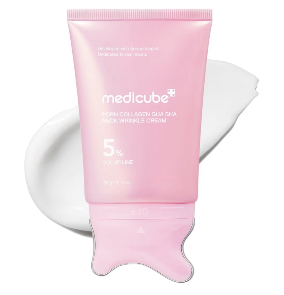 medicube PDRN Colágeno Gua Sha Crema antiarrugas para el cuello | Masajeador Gua Sha integrado con Volufiline 5% | Cuidado reafirmante y de contorno para el aspecto de líneas finas, mandíbula, cuello