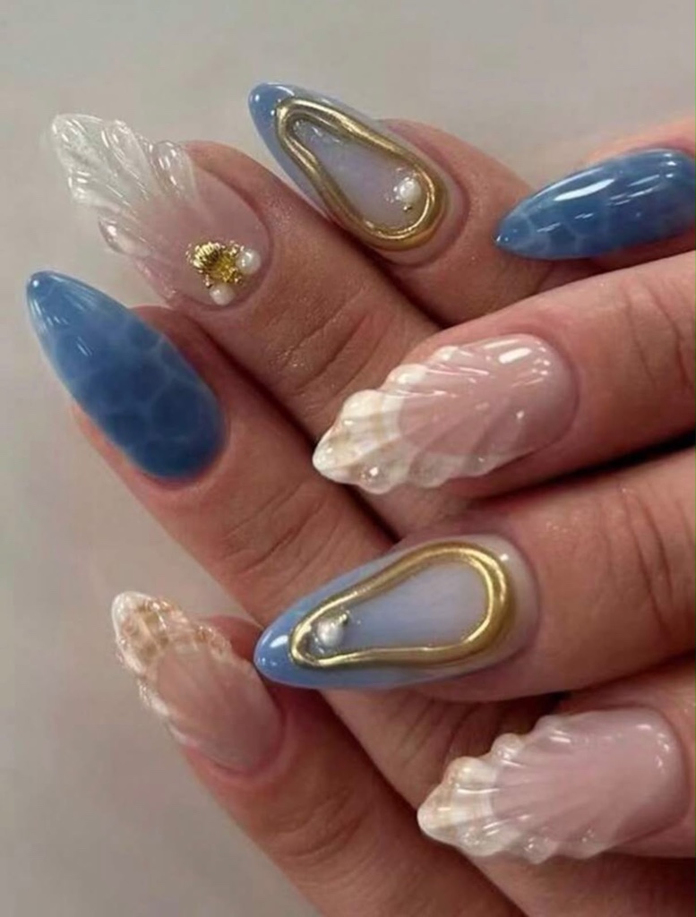 Uñas Press On Azules y Rosadas