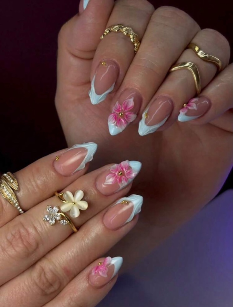 Uñas Press On Celeste con Flores