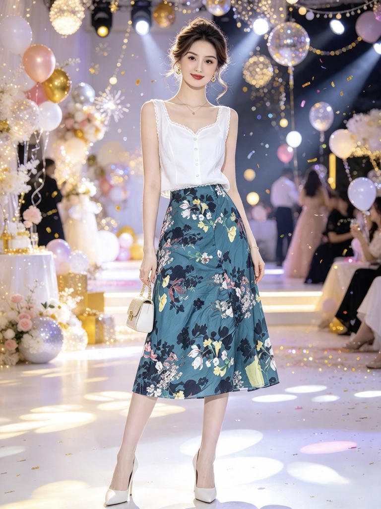 Falda verde - estampada de flores S- M