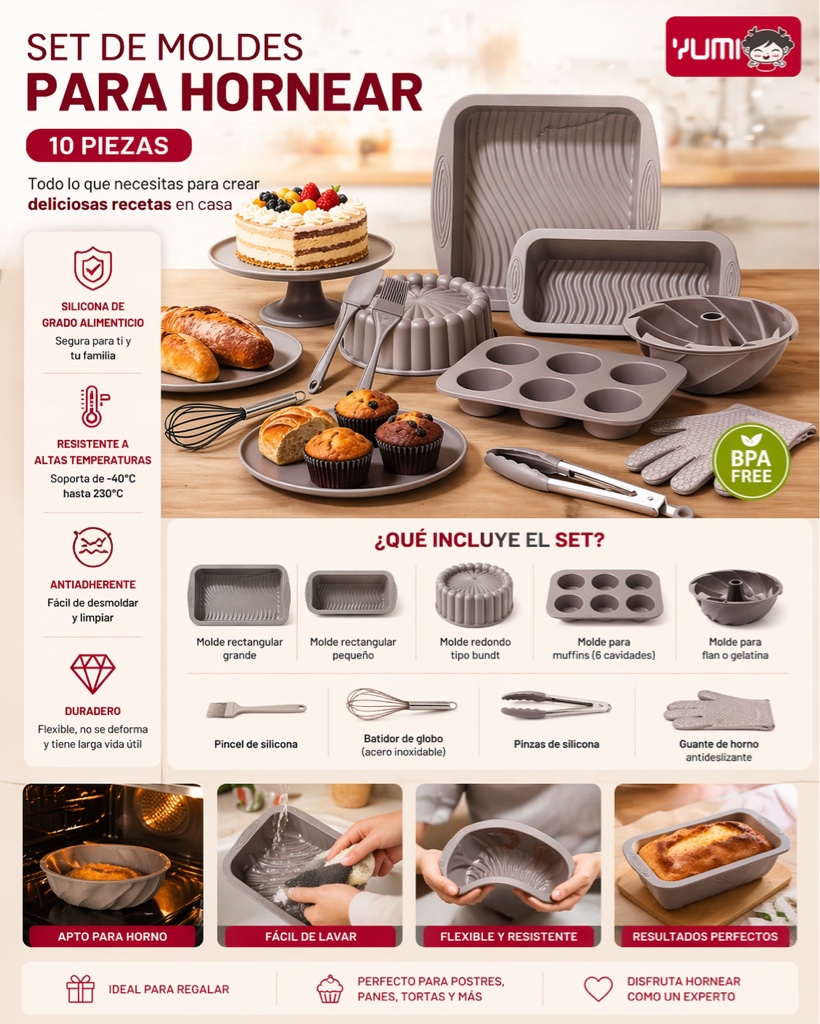 set moldes para hornear x10 piezas silicona
