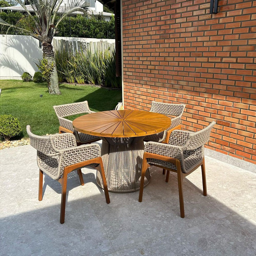 Conjunto de Mesa em Corda Náutica - 4 Cadeiras + 1 Mesa com Tampo de Madeira