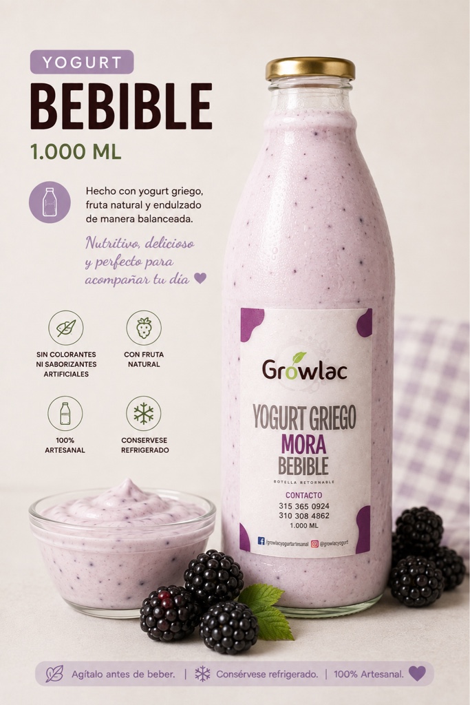Growlac Yogurt Griego Mora Bebible 1L