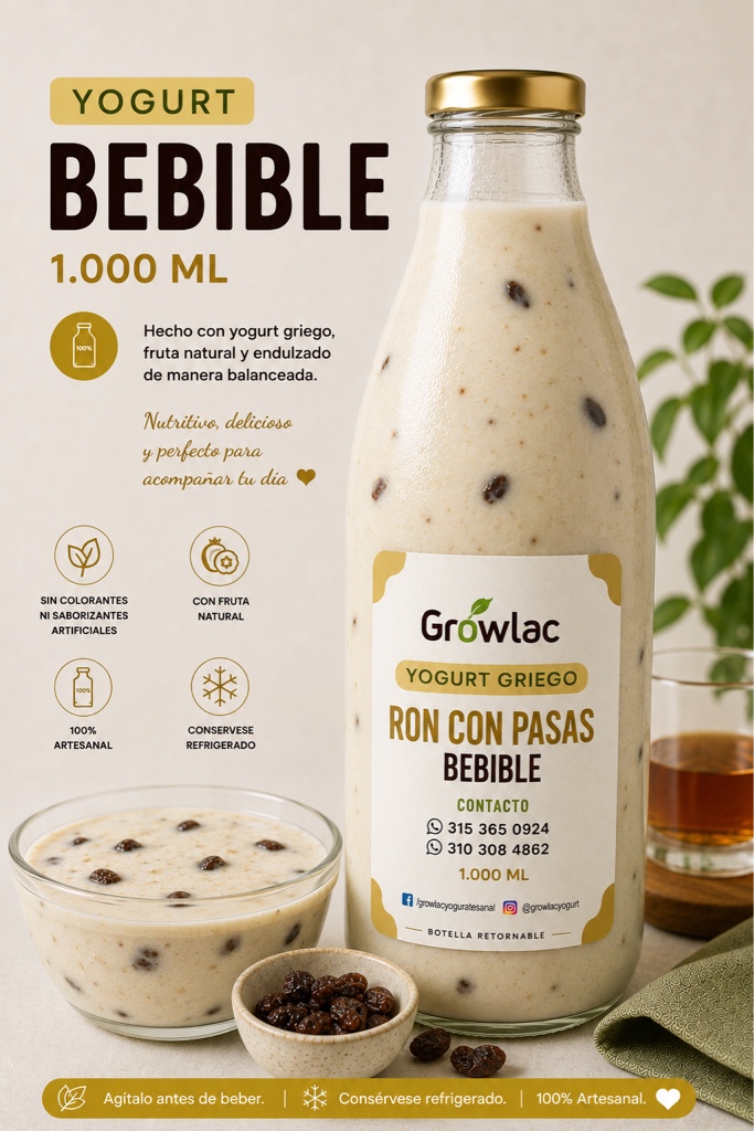 Growlac Yogurt Griego Ron con Pasas 1.000 ml