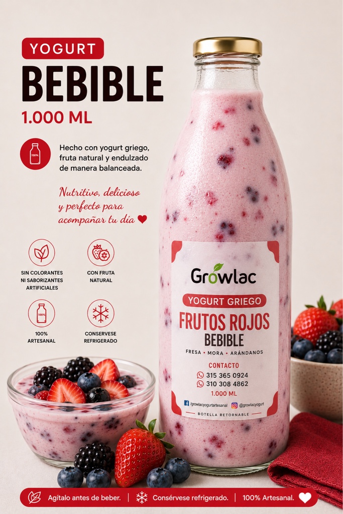 Growlac Yogurt Griego Frutos Rojos Bebible 1L