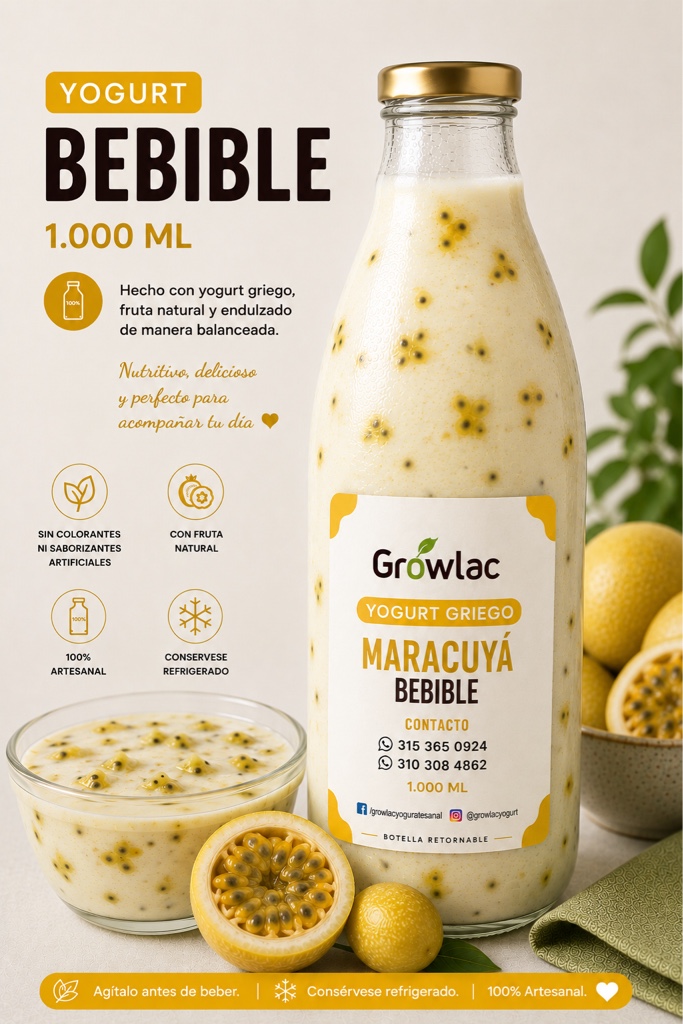 Growlac Yogurt Griego Maracuyá Bebible 1L