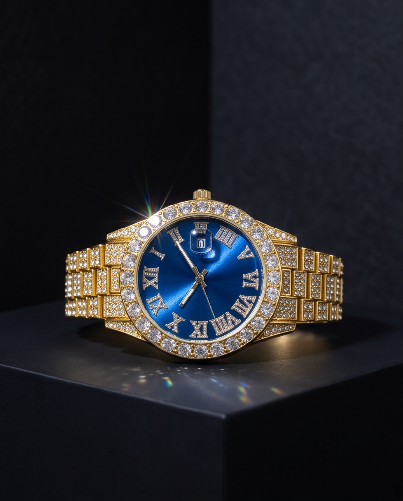 Reloj cubano dorado esfera azul