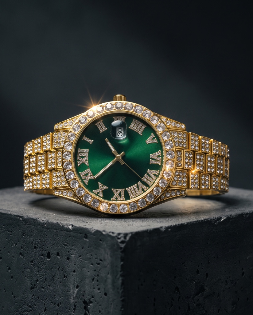 Reloj cubano dorado verde brillante