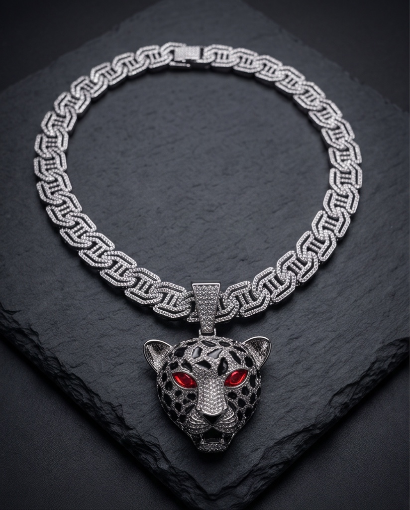 Cadena cubana plateada leopardo plateado