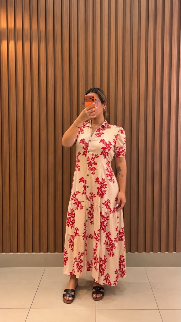 Vestido floreado beige y rojo