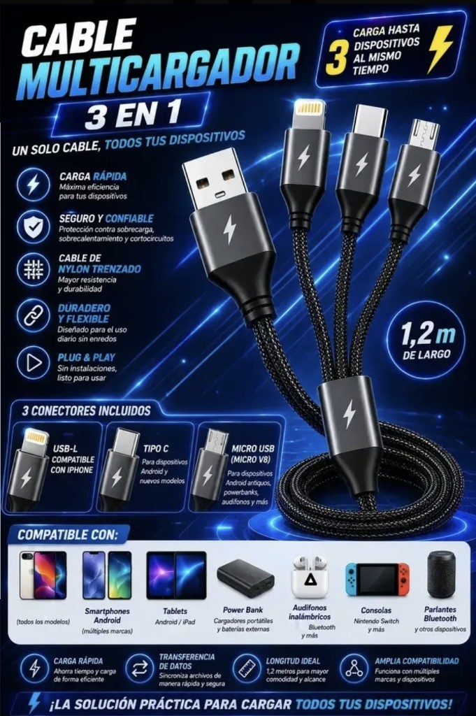 Cable multicargador 3 en 1
