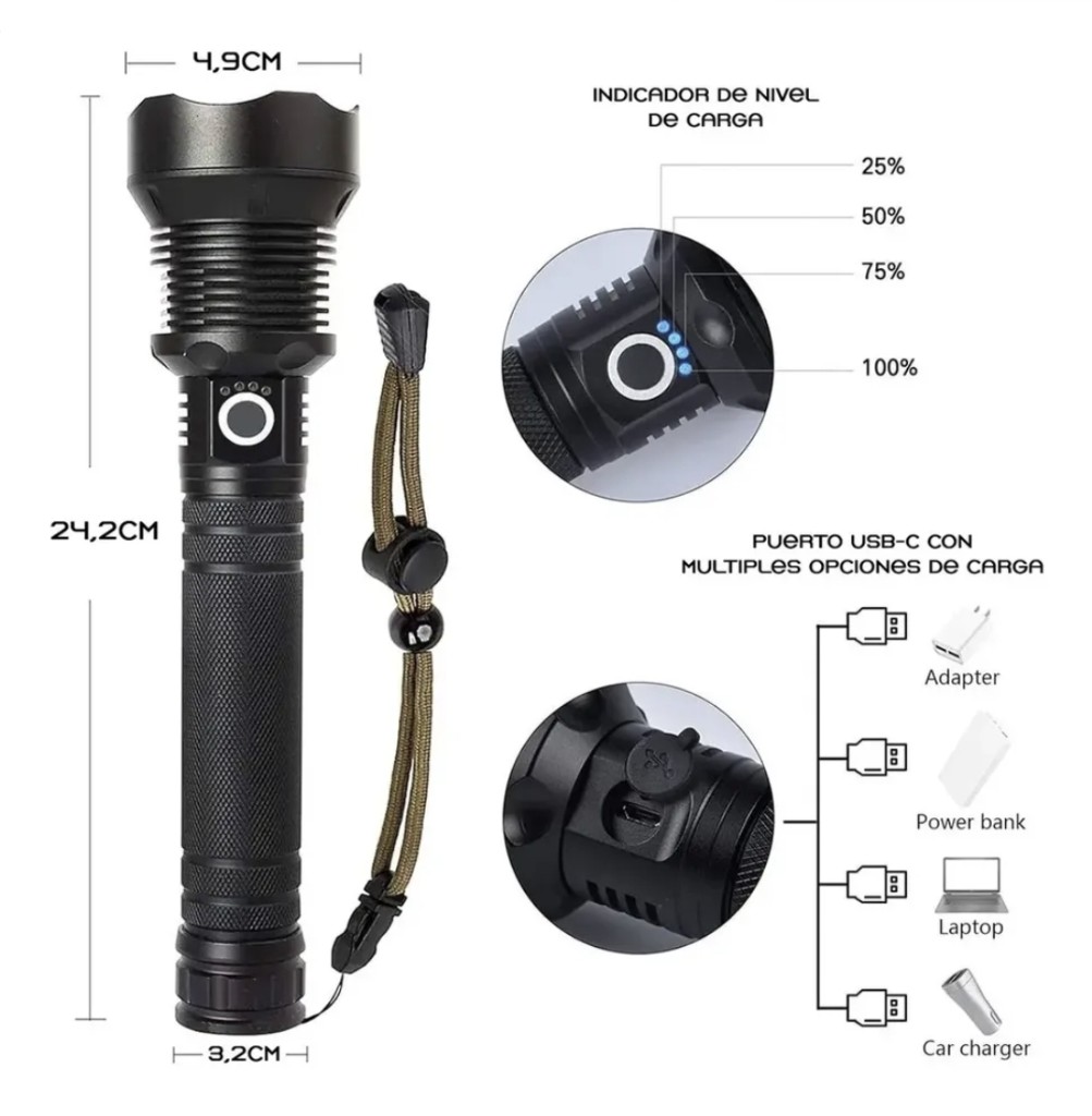 Linterna tactica negra USB-C