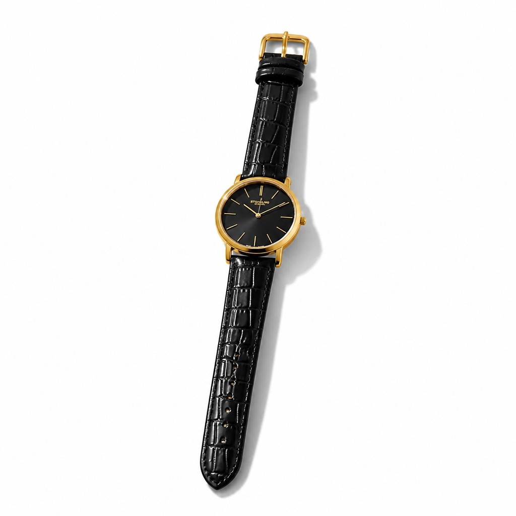 Reloj Masculino Stuhrling Modelo minimalista. Malla de cuero negra. Esfera de color negro con manecillas delgadasutiliza cristal krysterna de alta durabilidad