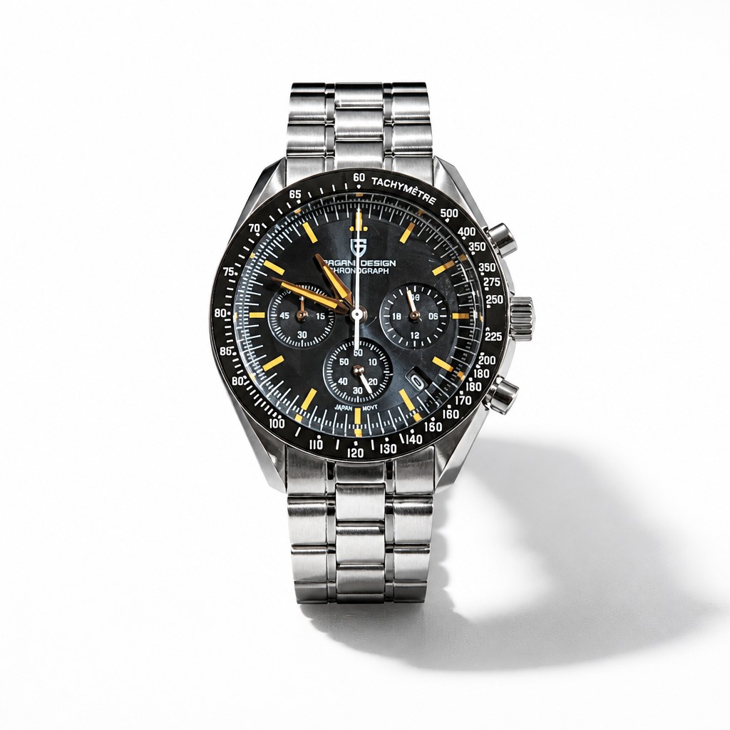 Reloj Masculino Pagani Design. Esfera negra, malla de acero inoxidable  plateada. Movimiento  cuarzo Japonés. Cristal de zafiro Resistente al agua