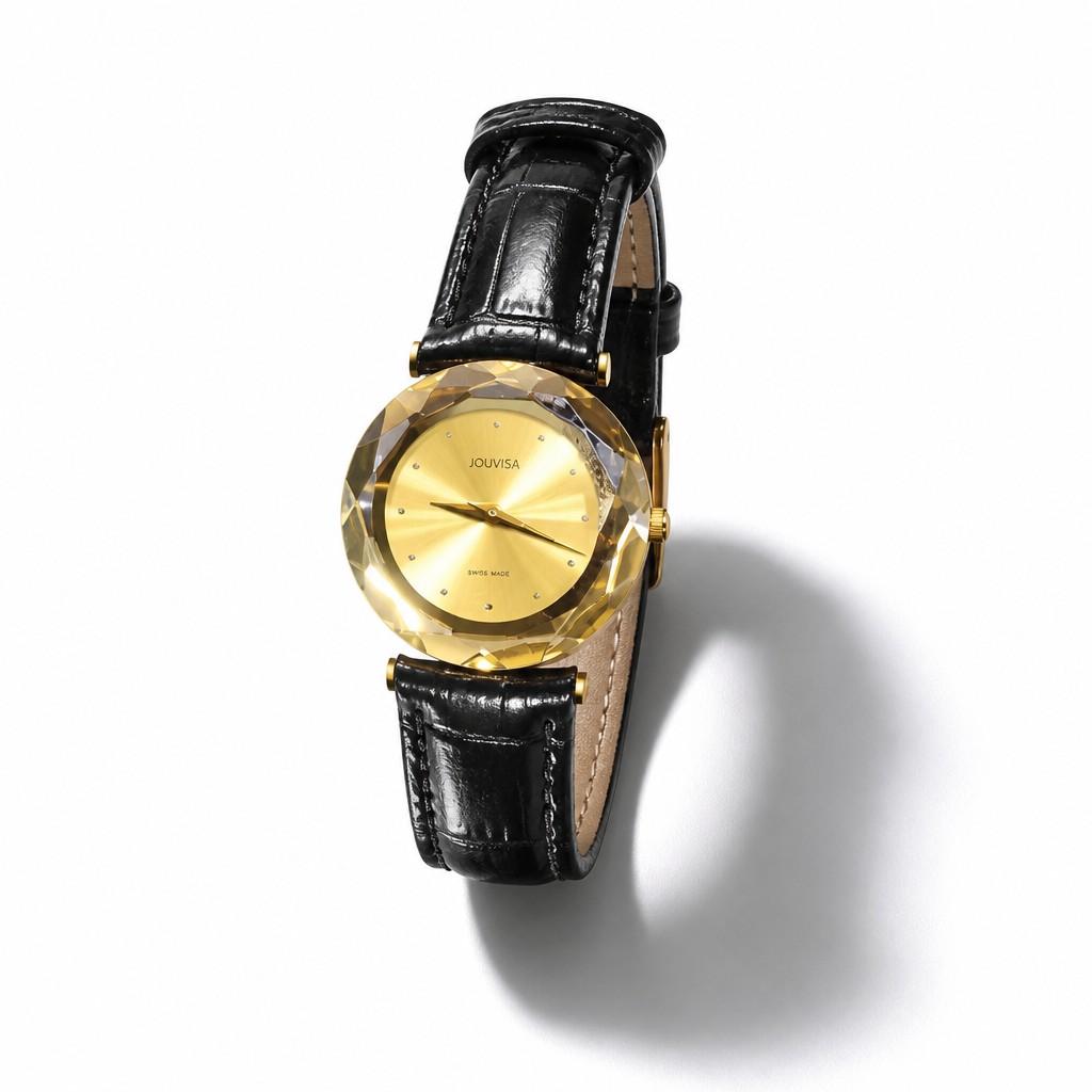 Reloj femenino Jowissa. Suizo. Malla de cuero negra. Fondo dorado con esfera facetada