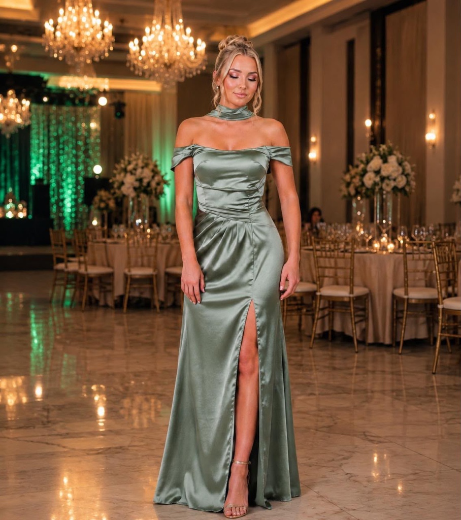 Vestido satinado verde olivo