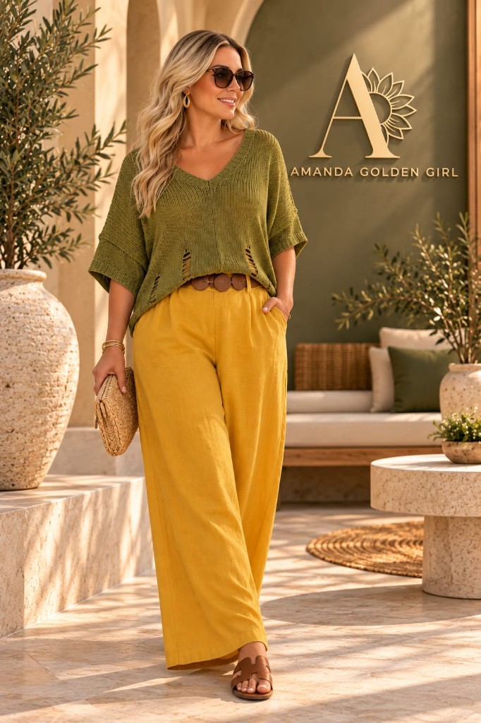 Pantalones lino con cinto madera