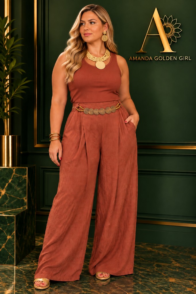 Pantalón lino terracota con cinto madera única talla
