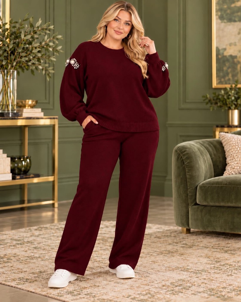 Burgundy embellished sweater set italian