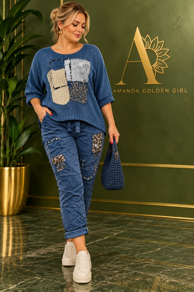 Set azul pantalón elastizado blusa malla