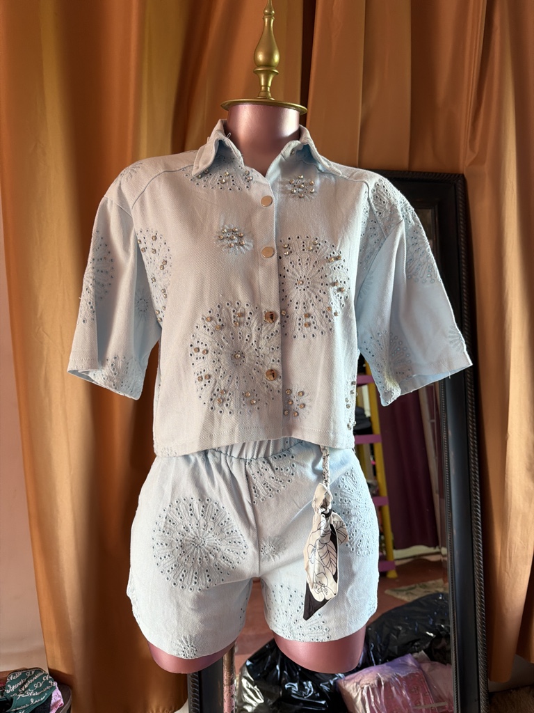 Conjunto azul claro bordado