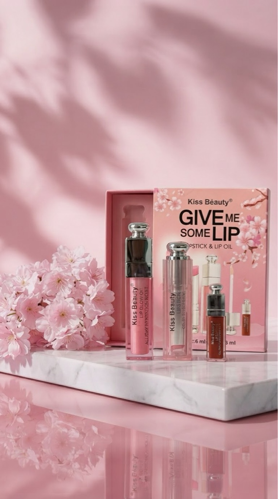 Kiss Beauty Lipstick y Lip Oil rosa