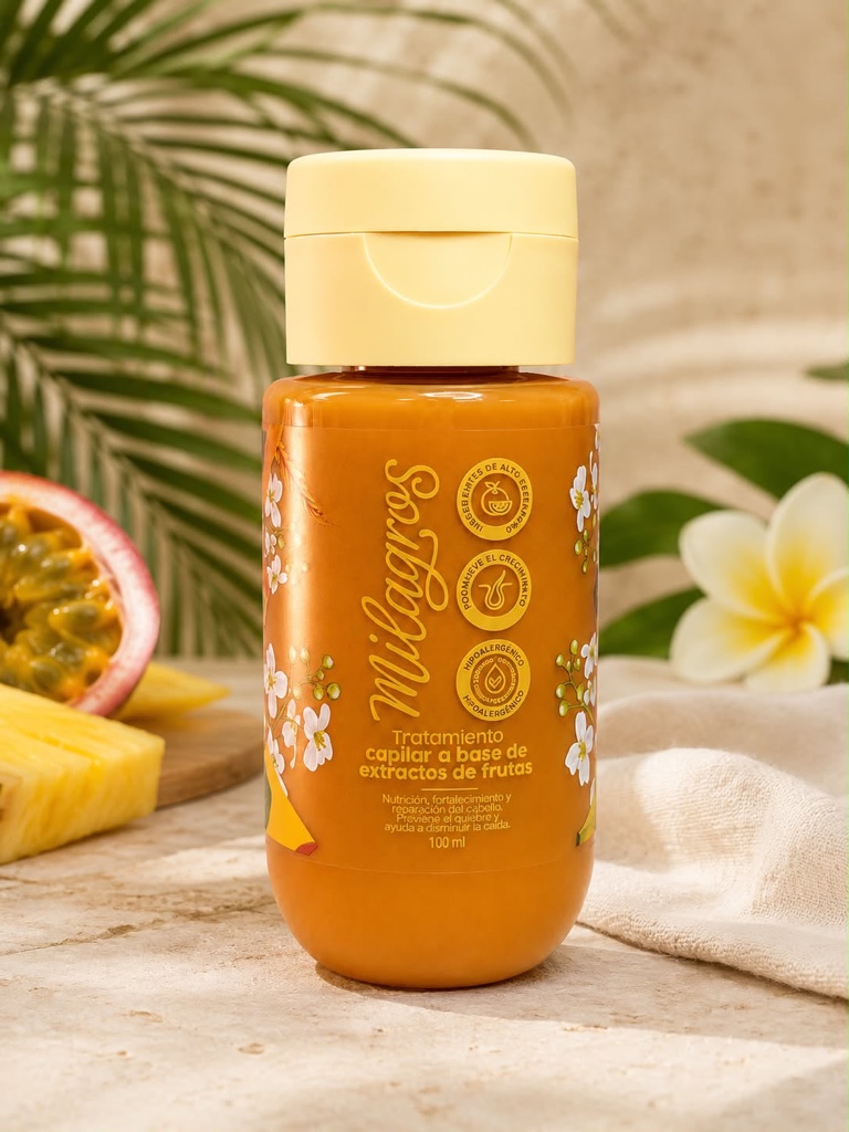 🍊 Milagros Tratamiento Capilar Mini  a Base de Extractos de Frutos 🍊Devuélvele la vida a tu cabello con este tratamiento nutritivo, formulado con extractos de frutos que ayudan a fortalecer, hidratar y reparar la fibra capilar desde la primera aplicación.  • Ayuda a reparar el cabello seco y maltratado. • Nutre e hidrata profundamente sin dejar el cabello pesado. • Aporta suavidad, brillo y mayor manejabilidad. • Fortalece la fibra capilar y ayuda a reducir el quiebre. • Ideal para todo tipo