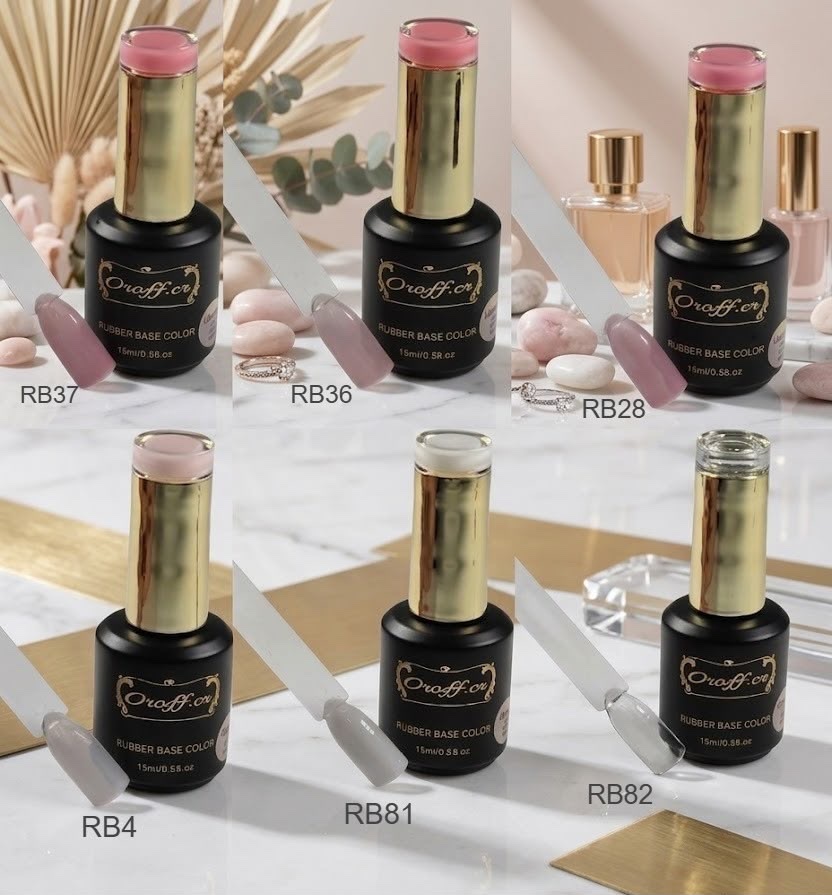 La línea de esmaltes Rubber Base con color de Oroff. cr ofrece bases niveladoras densas y altamente pigmentadas que sirven para fortalecer uñas naturales y aplicar sobre tips de Gel X.  Versatilidad: Ideales para nivelar imperfecciones y dar soporte a uñas débiles. Acabado: Pigmentación alta, lo que permite usarlas como base y color en un solo paso.
