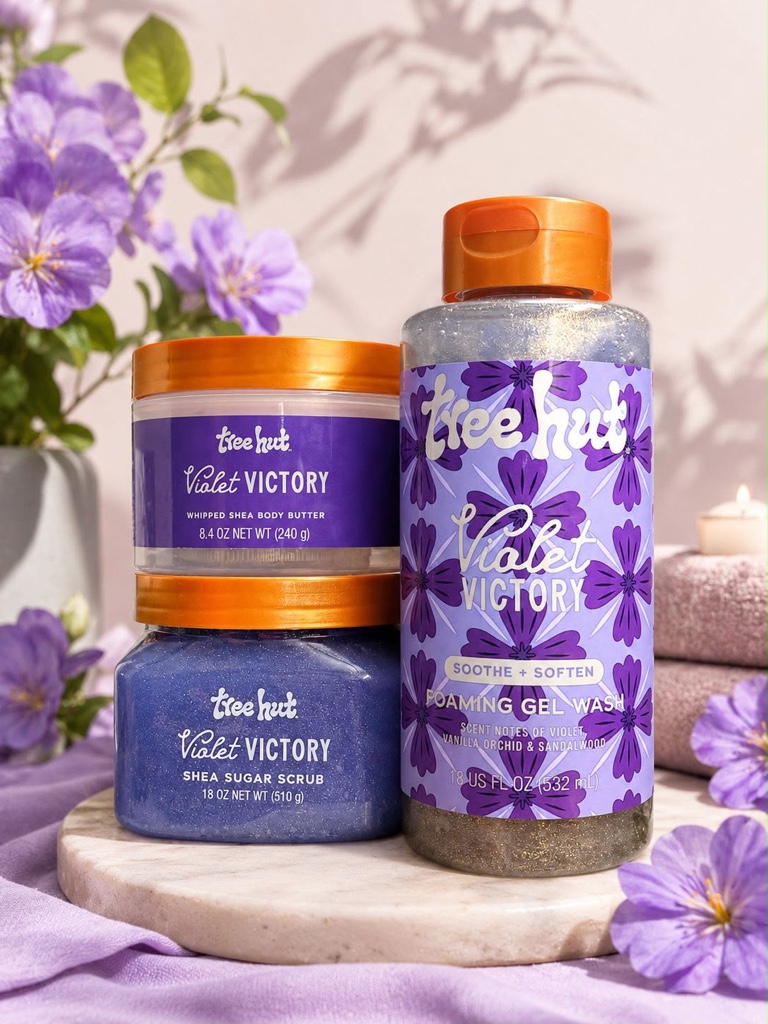 💜 Colección Tree Hut Violet Victory 💜Todo lo que necesitas para una rutina corporal completa con la deliciosa fragancia Violet Victory.  • Exfoliante Reafirmante de Azúcar 510 • Manteca Corporal 240 g • Gel de Ducha Espumoso 532 ml