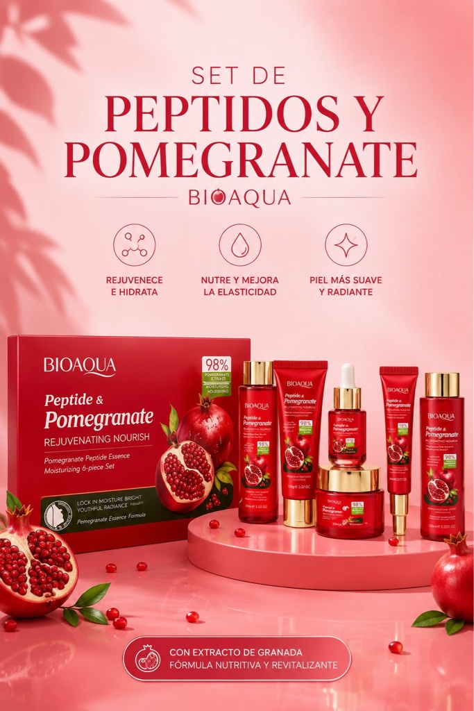 Set cuidado personal Pomegranate 🩷 kit de cuidado facial (skincare) enriquecido con peptidos y pomegranate, diseñado para reafirmar la piel, hidratarla profundamente, atenuar líneas de expresión y mejorar la luminosidad del rostro 🩷