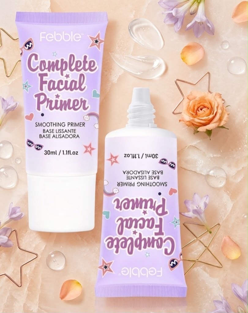 El Complete Facial Primer de Febble es todo lo que necesitas antes de tu base. Su textura en gel transparente alisa la piel al instante. 💖 Efecto: Base alisadora (Smoothing Primer) que minimiza poros y líneas de expresión.  Gel ligero, suave y transparente que prepara tu rostro a la perfección. ⏳ Hace que tu base dure el doble de tiempo sin cuartearse.