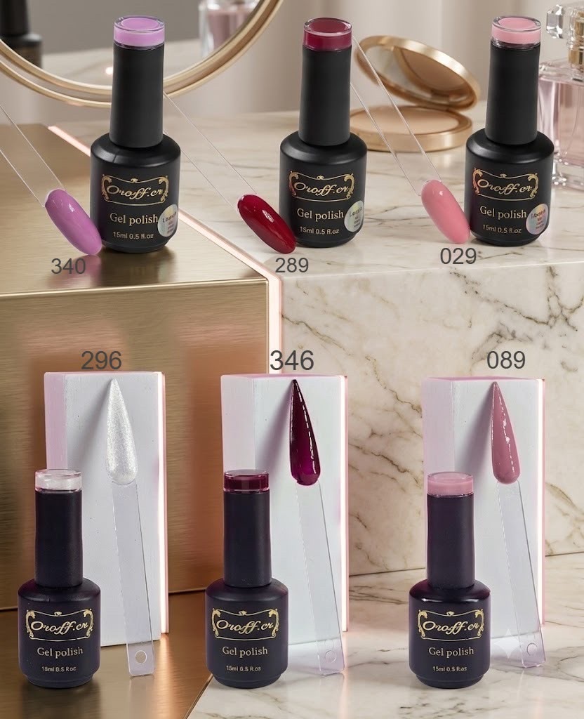 Esmalt de gel Oroff. cr , conocido por su alta pigmentación y variedad de colores. Libre de DMTA, HEMMA y TPO.
