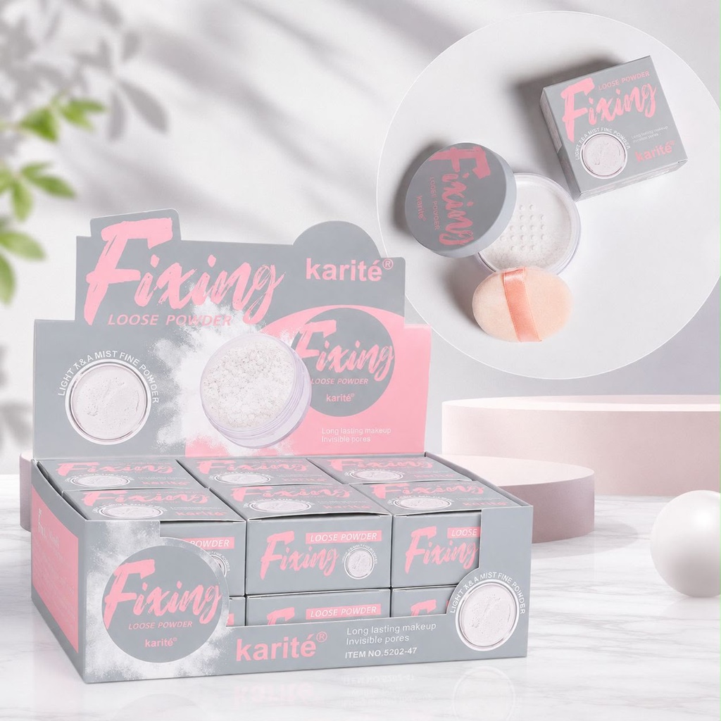 🩶POLVO TRANSLUCIDO FIXING KARITE🩶Consigue un maquillaje impecable por más tiempo con el Polvo Suelto Fixing Karité. Su textura ultrafina ayuda a sellar el maquillaje, controlar el brillo y difuminar la apariencia de los poros sin dejar sensación pesada. Deja un acabado suave, natural y de larga duración, ideal para todo tipo de piel. Perfecto para un look fresco y sin retoques durante el día.