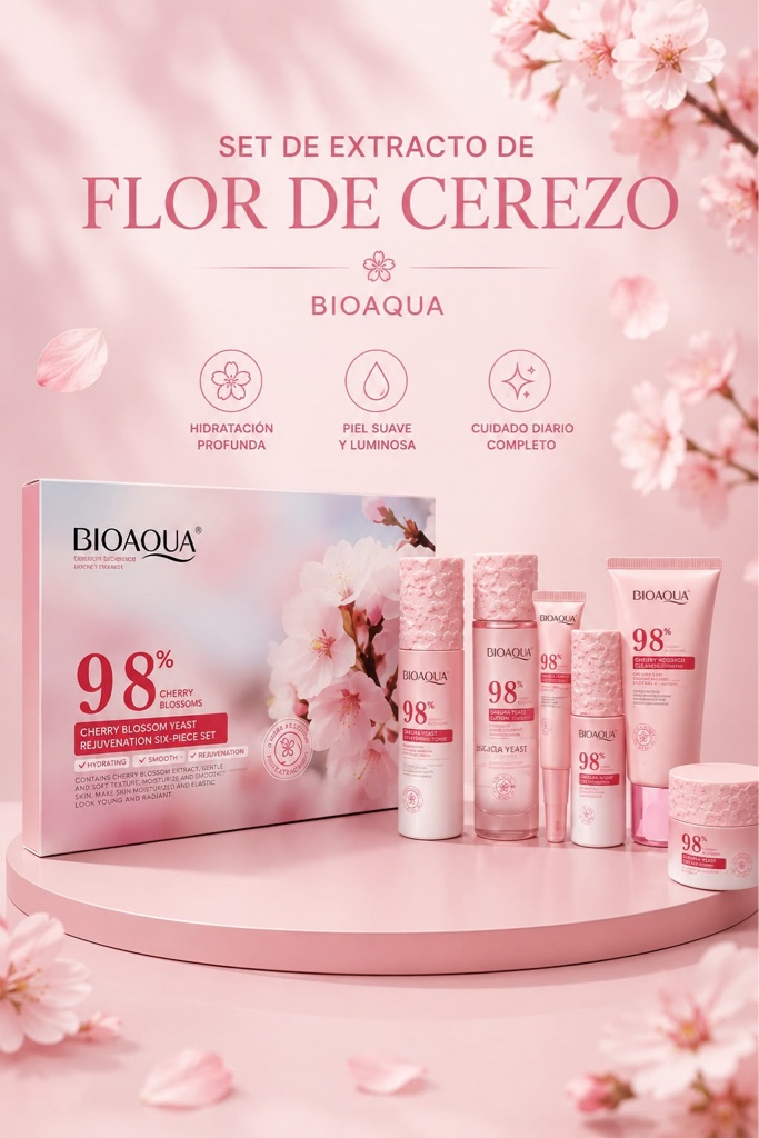 Set cuidado personal Sakura Yeast 🍒 kit de cuidado facial (skincare) enriquecido con extracto de flor de cerezo, diseñado para reafirmar la piel, hidratarla profundamente, atenuar líneas de expresión y mejorar la luminosidad del rostro 🍒