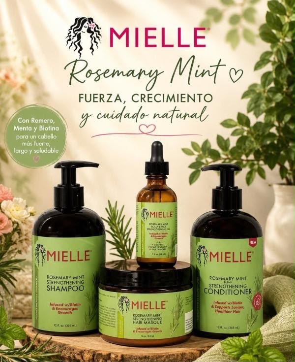 ¡Fortalece tu cabello desde la raíz con la línea Mielle Rosemary Mint! Productos diseñados para combatir la caída, estimular el crecimiento y aportar brillo e hidratación intensa. Infusionados con ingredientes naturales como romero, menta y biotina.: Promueve el crecimiento saludable del cabello. Fortalece el cabello débil o quebradizo. Hidratación intensa y nutrición profunda.