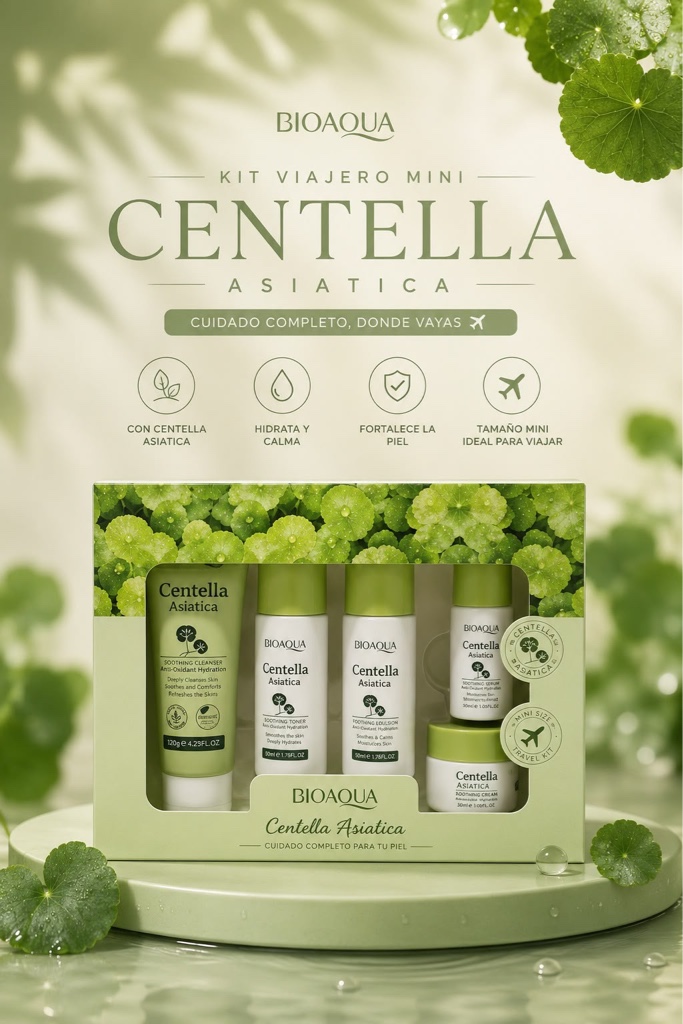 Viajero Mini centella asiatica 🩵 kit de cuidado facial (skincare) enriquecido con centella aciatica, diseñado para reafirmar la piel, hidratarla profundamente, atenuar líneas de expresión y mejorar la luminosidad del rostro.🩵