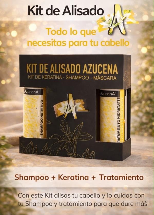 Kit de Alisado Azucena✨ Este completo kit combina shampoo nutritivo, keratina y tratamiento hidratante para alisar el cabello mientras lo repara y fortalece desde la fibra capilar. Su fórmula ayuda a reducir el frizz, sellar la cutícula y prolongar el efecto liso por más tiempo, dejando el cabello manejable, brillante y protegido.
