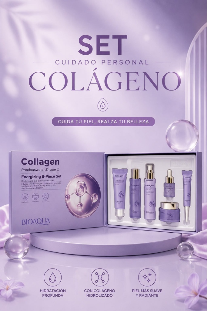 Set cuidado personal Colágeno 💜 kit de cuidado facial (skincare) enriquecido con colágeno y niacinamida, diseñado para reafirmar la piel, hidratarla profundamente, atenuar líneas de expresión y mejorar la luminosidad del rostro 💜