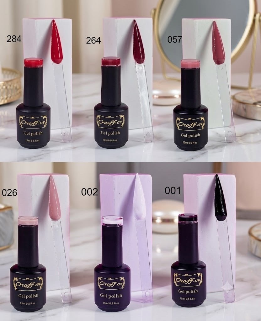 Esmalte de gel Oroff. cr , conocido por su alta pigmentación y variedad de colores. Libre de DMTA, HEMMA y TPO.