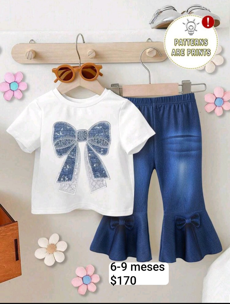 Conjunto blanco y azul con moño6-9m