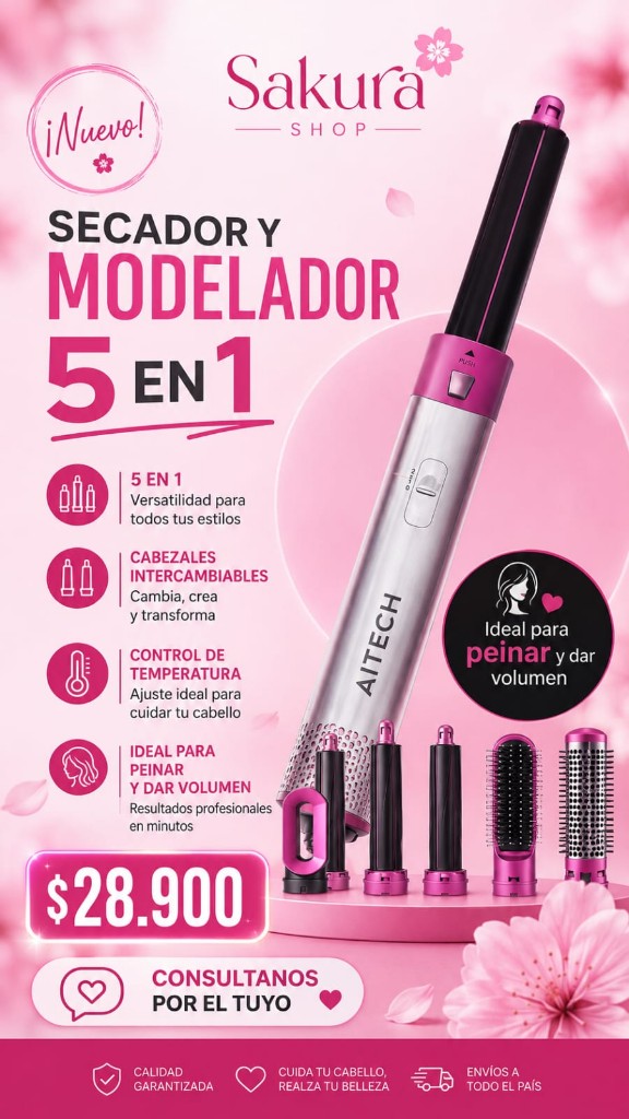 Aitech secador modelador 5 en 1 rosa