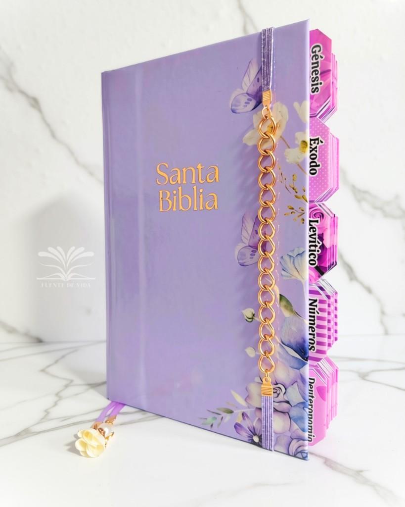 Santa Biblia lila con cadena
