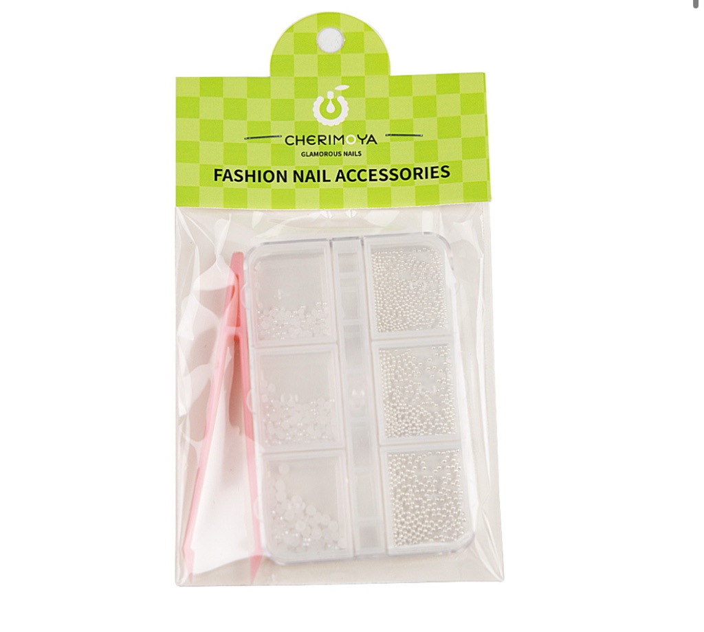 Caja con perlas, buliones y pinza cherimoya