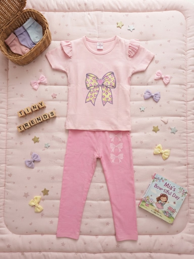 Conjunto infantil rosa con camiseta estampada de lazo y leggings