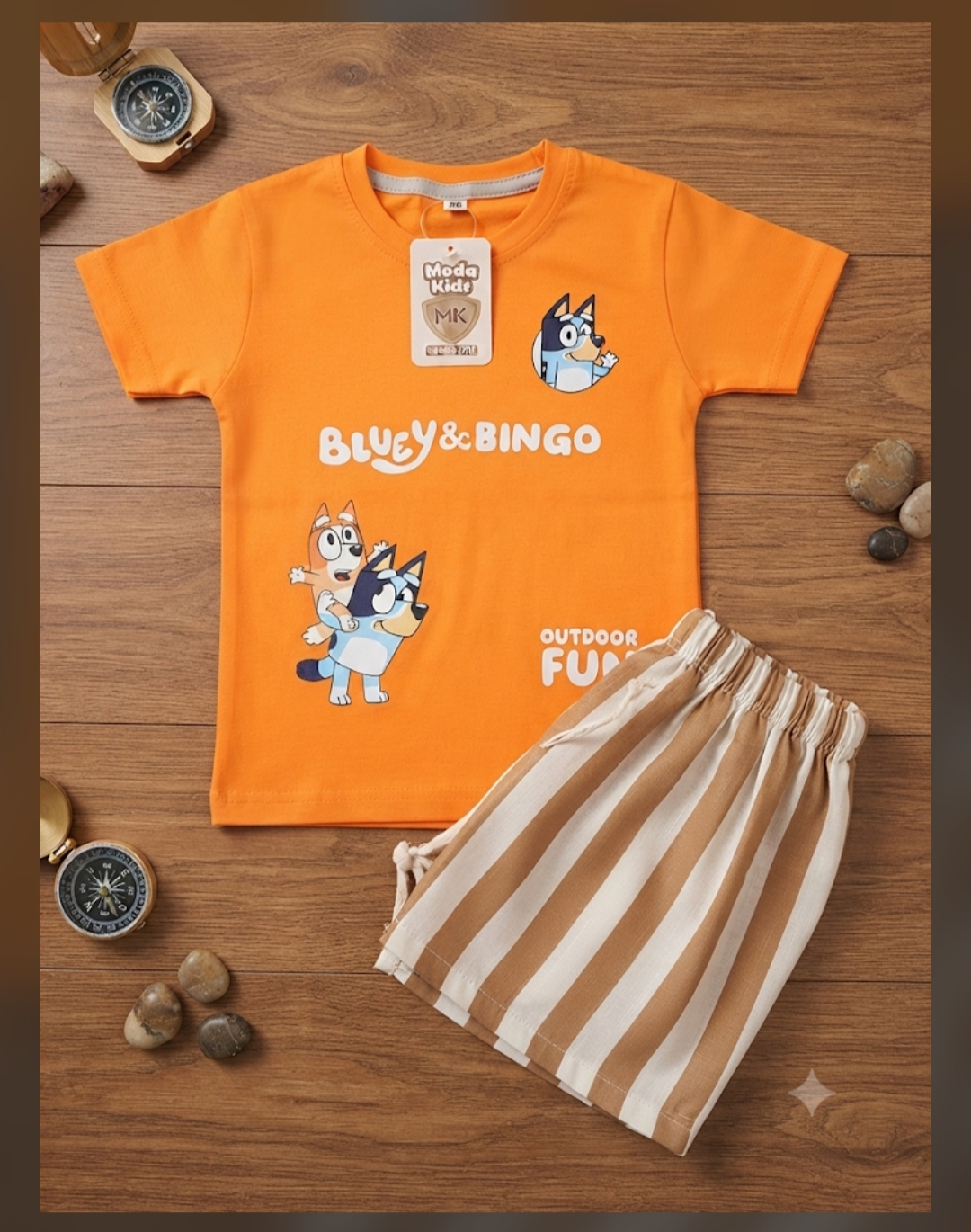 Conjunto infantil Bluey & Bingo naranja con short rayado