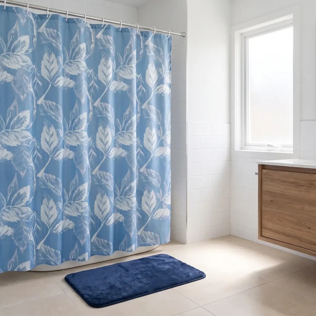 Cortina de baño azul con hojas