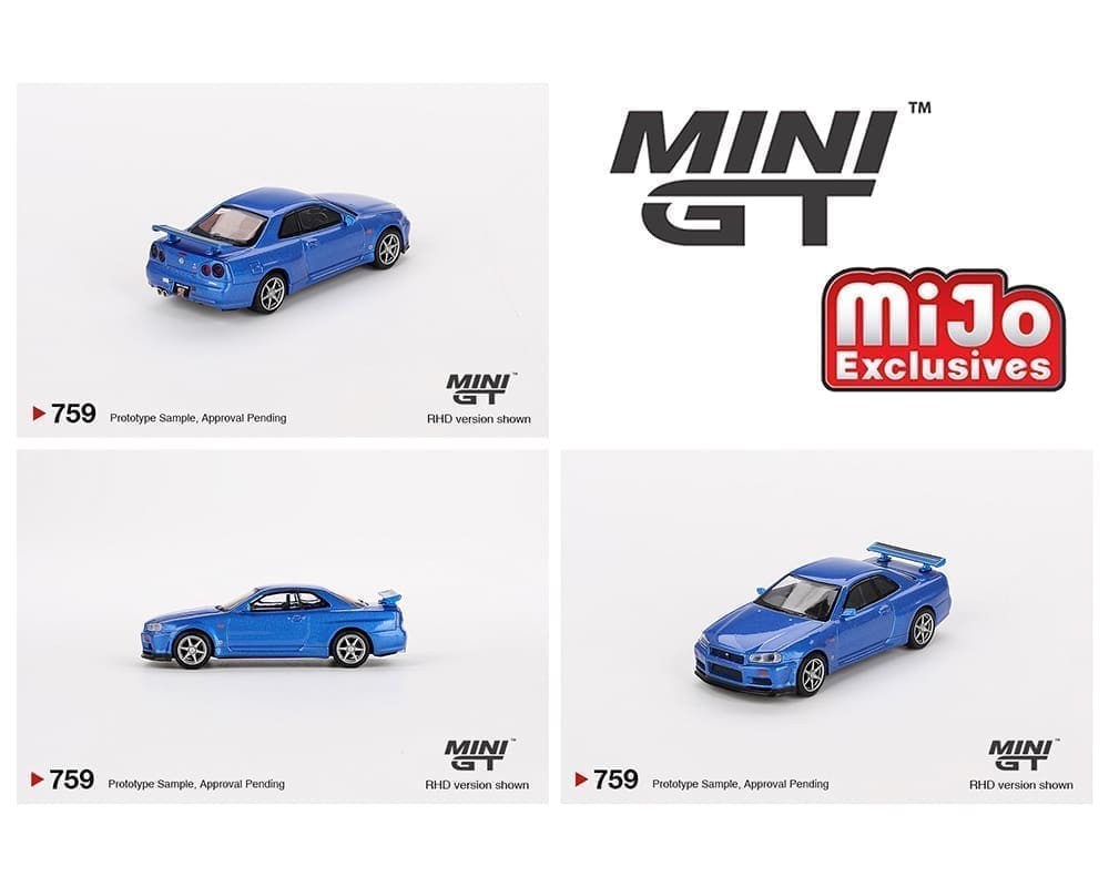 Mini GT 1:64 Nissan Skyline GT-R (R34) V-Spec – Azul Bayside – Exclusivas de Mijo