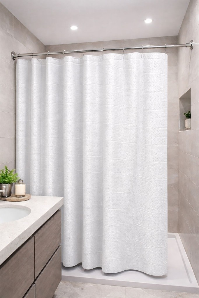 Cortina de baño blanca, sin protector y ganchos plásticos