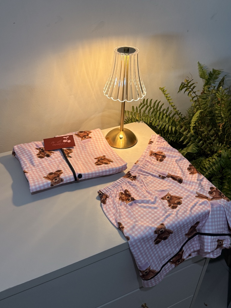 Pijama americano xadrez rosa ursinho